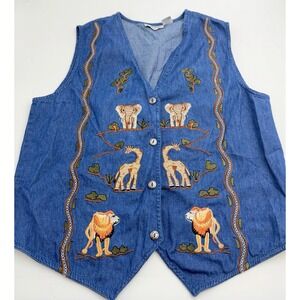 Vintage 90s Denim Vest XL Embroidered Safari Animals Elephant Giraffe Lion